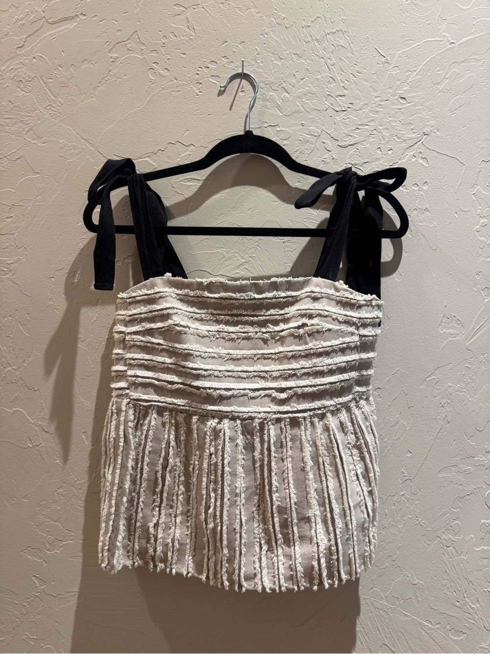 Maeve XS Women’s Cream Textured Ruffle Dress with Black Tie Straps